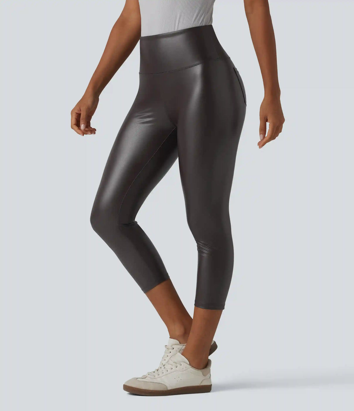 High Waisted Tummy Control Stretchy PU Casual Capri Leggings with Pockets