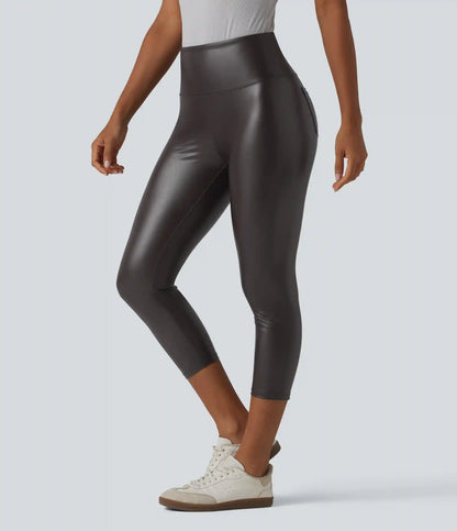 High Waisted Tummy Control Stretchy PU Casual Capri Leggings with Pockets