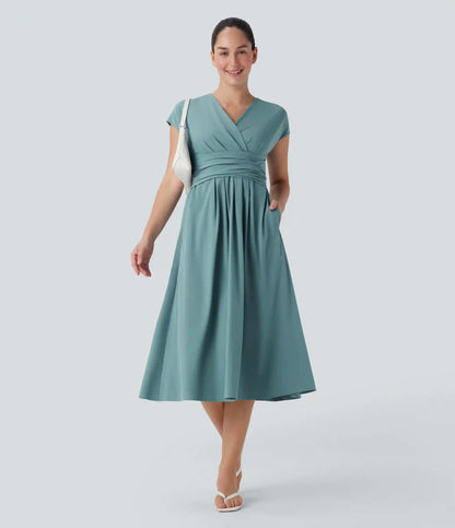 Breezeful™ V Neck Short Sleeve Pocket Tie Back Quick Dry Midi Casual Dress