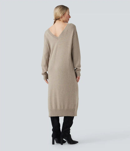 V-neck Long Sleeve Midi Wool-Blend Work Sweater Dress-Front and Back Wearable