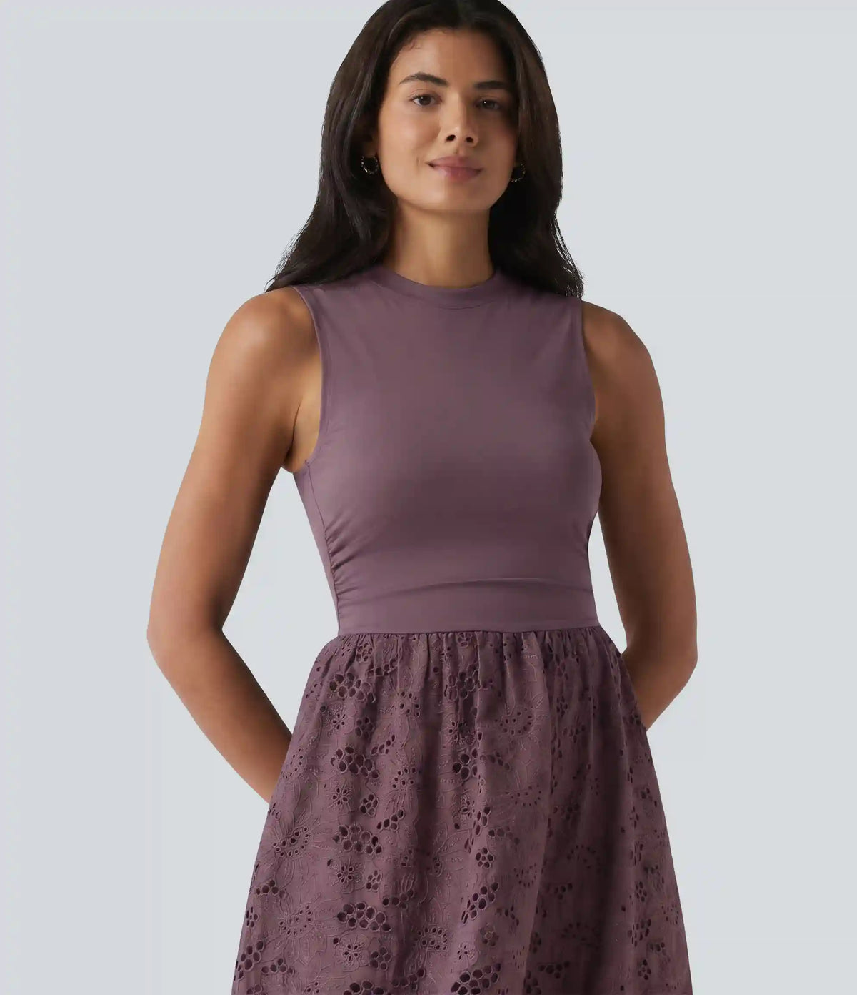 Round Neck Sleeveless Midi Embroidery Eyelet Resort Dress with Pockets