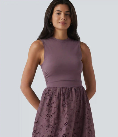Round Neck Sleeveless Midi Embroidery Eyelet Resort Dress with Pockets