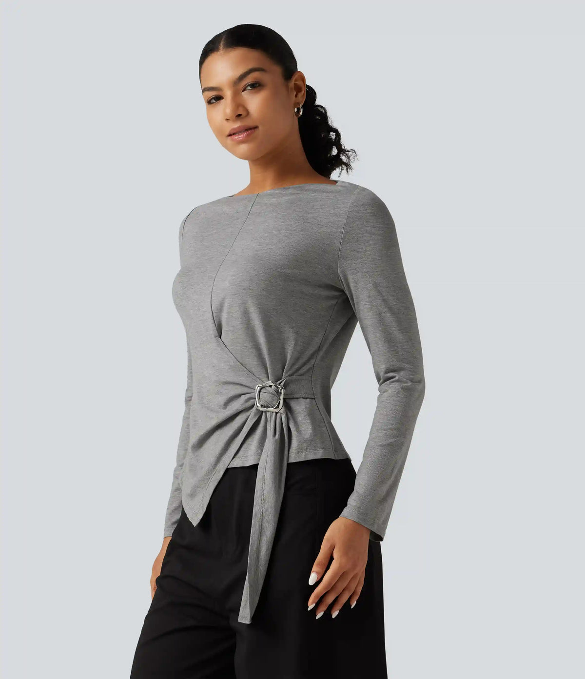 Boat Neck Long Sleeve Tie Side Uneven Hem Casual T-Shirt