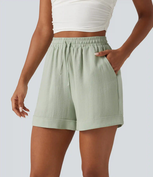 High Waisted Drawstring Rolled Hem Casual Linen-Feel Shorts 5'' with Pockets