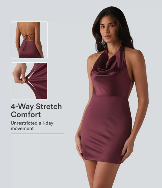 Cowl Neck Halter Backless Tie-back Bodycon Mini Party Satin Dress