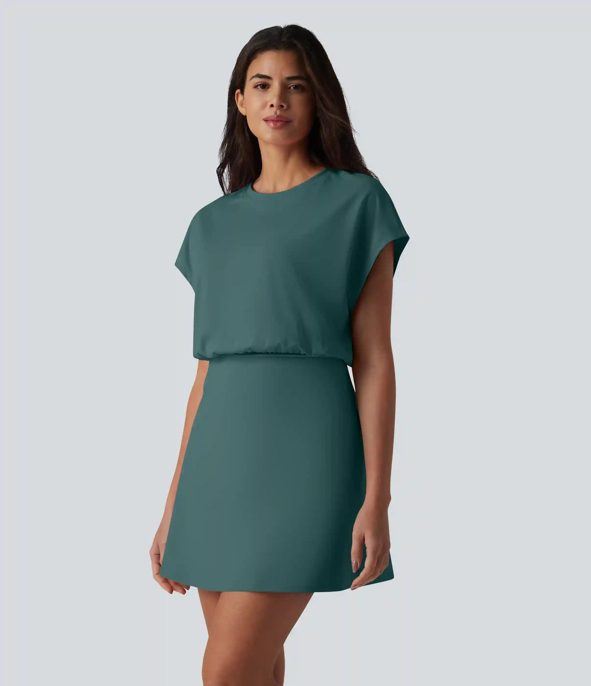 SoftlyZero™ Airy Round Neck Short Sleeve 2-in-1 InstantCool Mini Yoga Active Dress with Pockets-Easy Peezy Edition