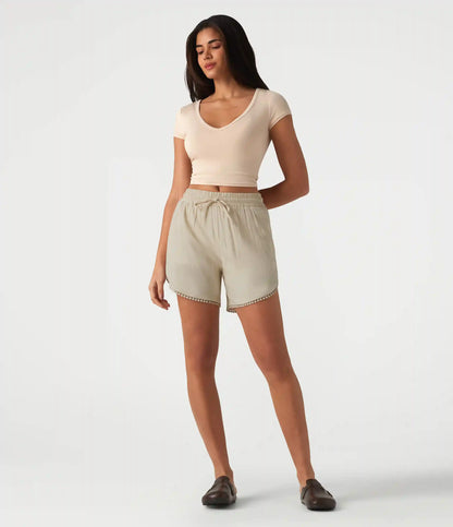 Mid Rise Drawstring Contrast Fringe Curved Hem 2-in-1 Casual Shorts