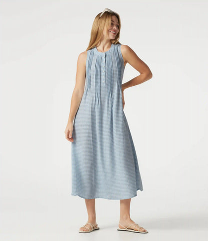 Round Neck Sleeveless Plaid Midi Casual Linen-Feel Dress with Pockets