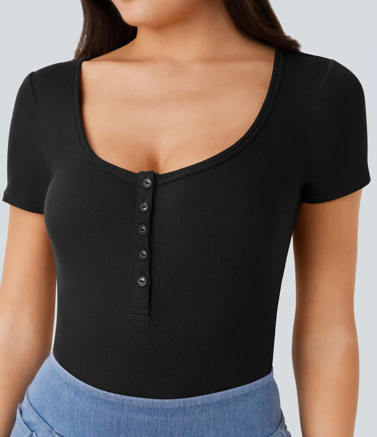 Ribbed Henley Neck Short Sleeve Slim Casual Top