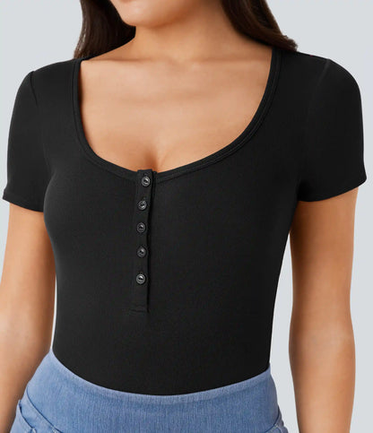 Ribbed Henley Neck Short Sleeve Slim Casual Top