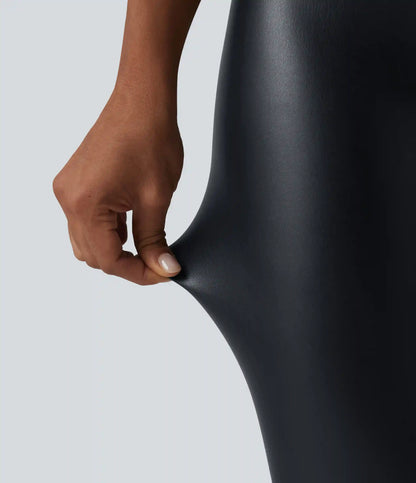 High Waisted Tummy Control Stretchy PU Casual Capri Leggings with Pockets