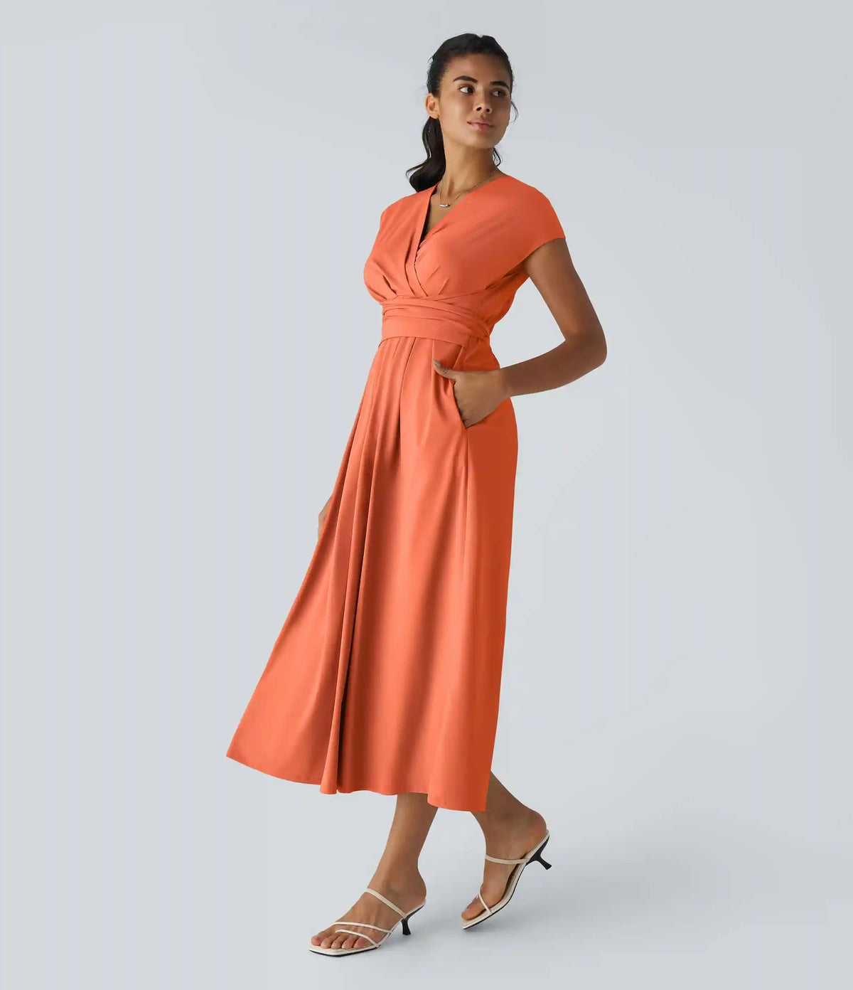 Breezeful™ V Neck Short Sleeve Pocket Tie Back Quick Dry Midi Casual Dress-Longer Length