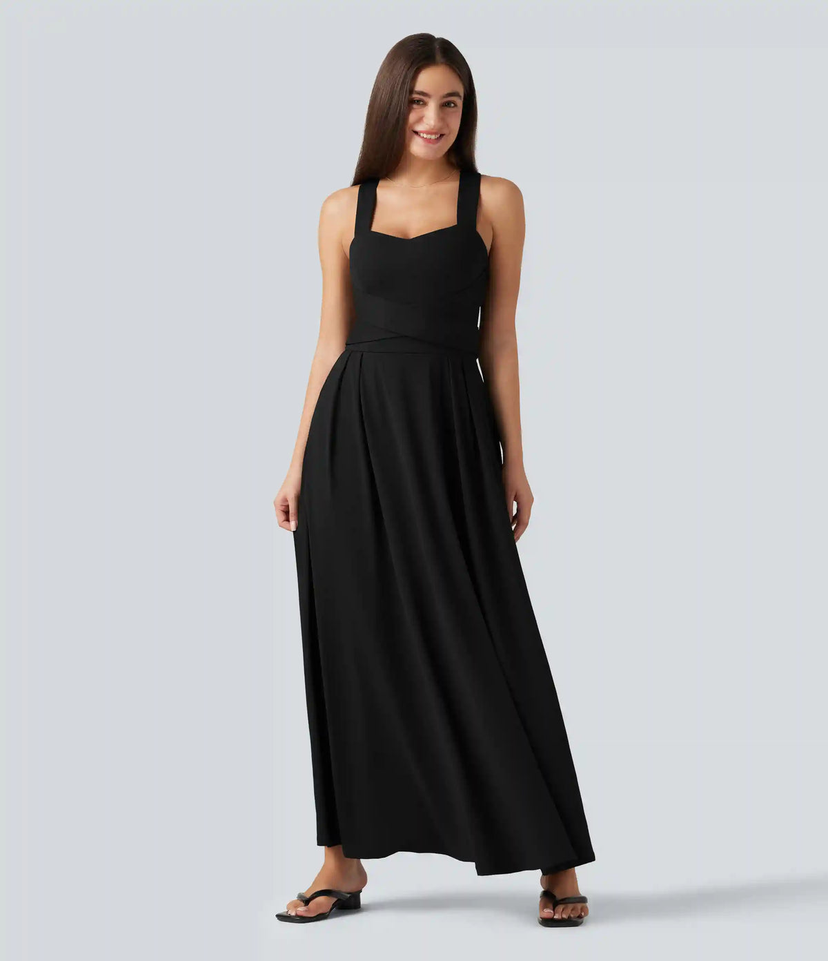 Sweetheart Neck Sleeveless Crisscross Tie-back Maxi Casual Flowy Dress with Pockets