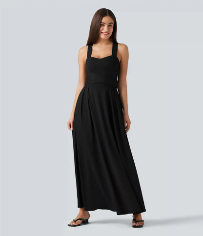 Sweetheart Neck Sleeveless Crisscross Tie-back Maxi Casual Flowy Dress with Pockets