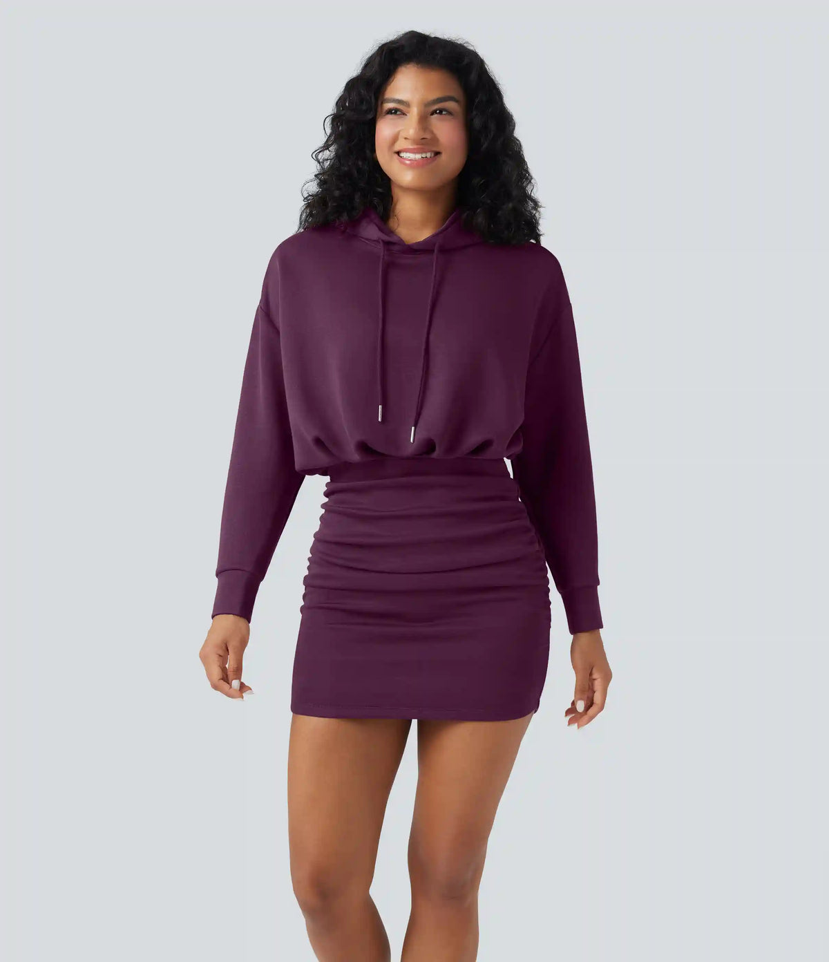 SpacerTek™ Long Sleeve Ruched Bodycon Mini Casual Hoodie Dress
