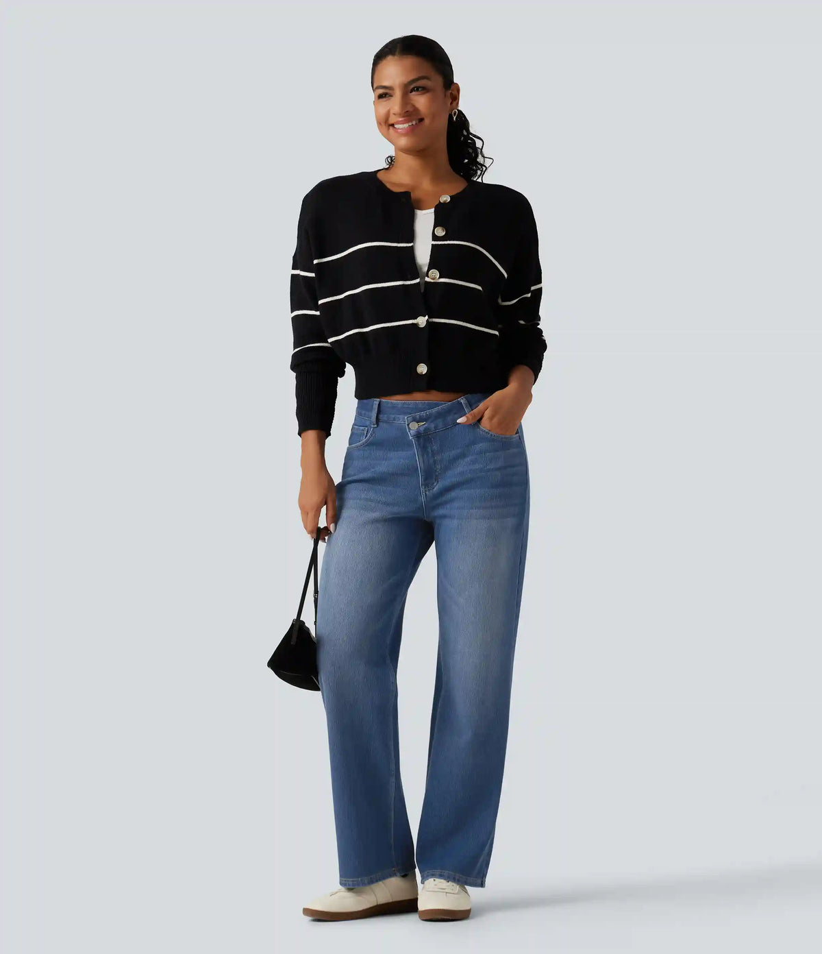 Mid Rise Asymmetric Straight Leg Fleece Casual Jeans with Pockets