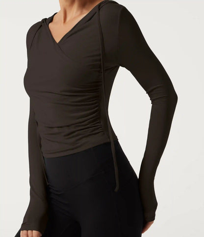 Hooded Long Sleeve Crossover Ruched Yoga Sweatshirt