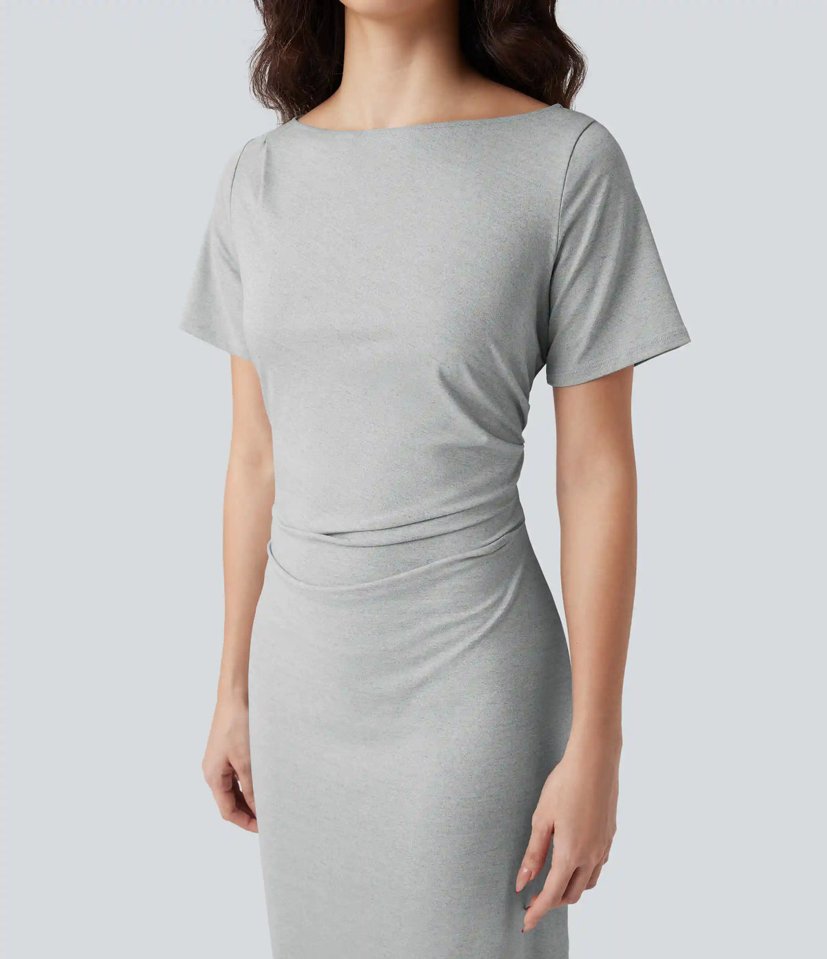 Short Sleeve Ruched Bodycon Midi Work Dress
