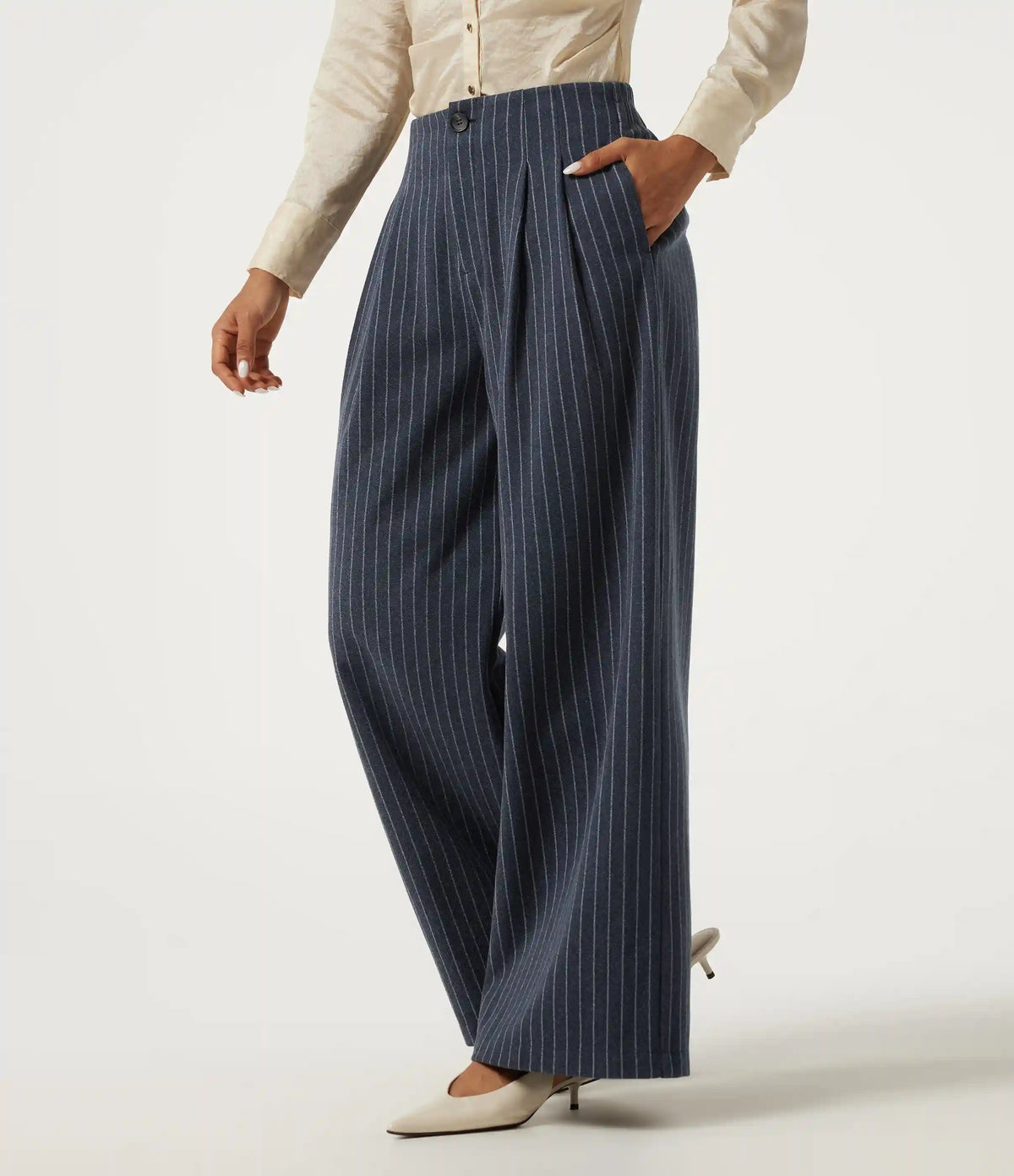 High Waisted Wide Leg Stripe Fleece Work Pants with Pockets
