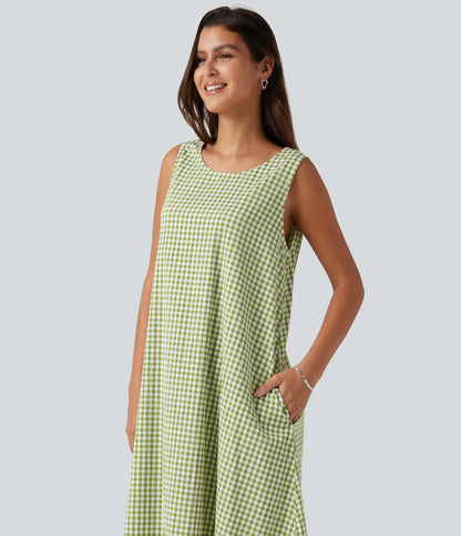 Round Neck Sleeveless Midi Crinkle Gingham Casual Tank Dress with Pockets