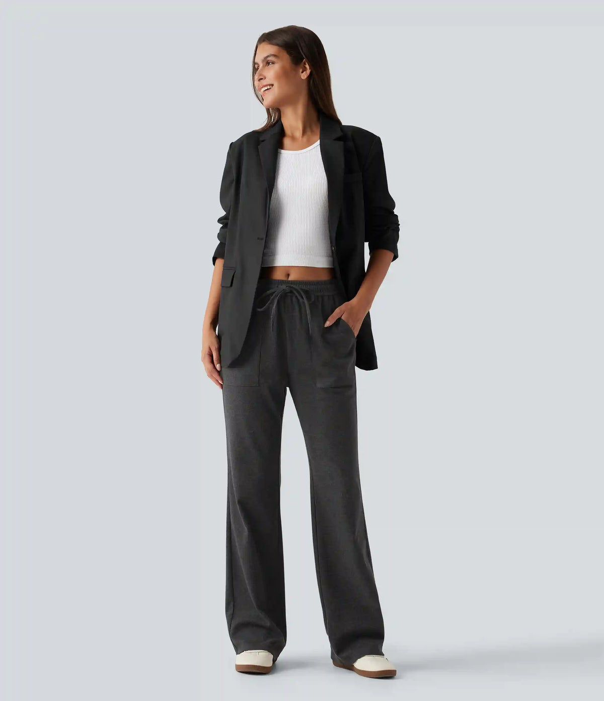 Mid Rise Drawstring Bootcut Work Pants with Pockets