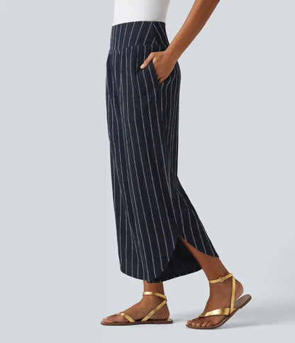 High Waisted Curved Hem Stripe Casual Pants with Pockets
