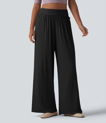 Ribbed High Waisted Tummy Control Casual Baggy Pants with Pockets
