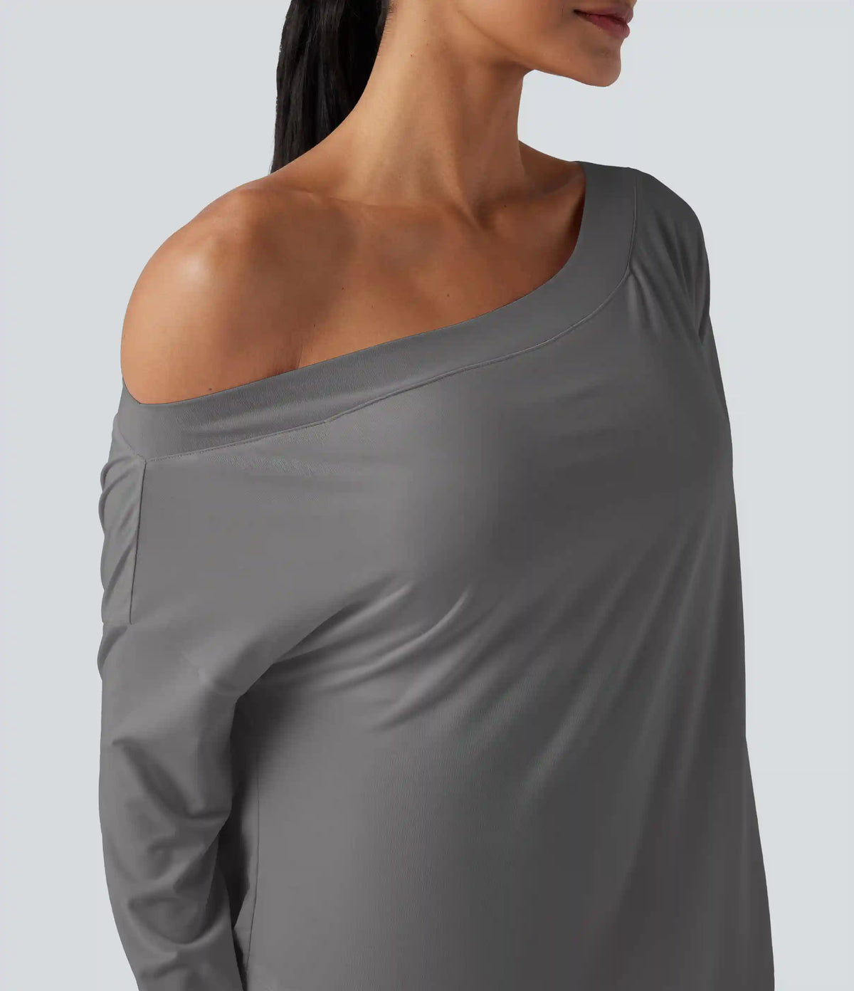 One Shoulder Long Sleeve Thumb Hole Curved Hem High Low Quick Dry Yoga Sports Top-Built-in Bra
