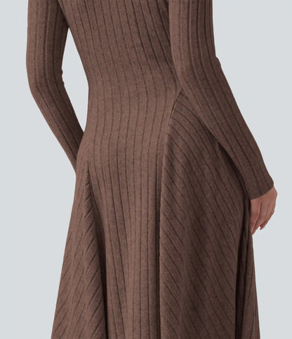 Ribbed Knit V Neck Long Sleeve Flare Midi Casual Dress with Pockets