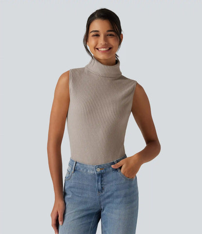 Ribbed Knit High Neck Casual Tank Top