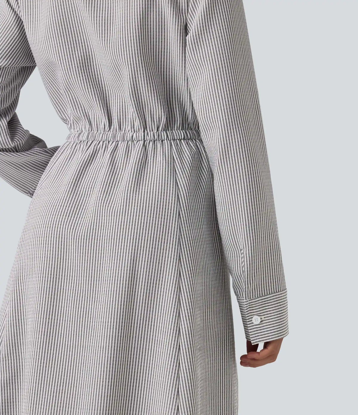 Collar Long Sleeve Tie-front Stripes Midi Work Shirt Dress