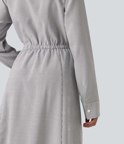 Collar Long Sleeve Tie-front Stripes Midi Work Shirt Dress