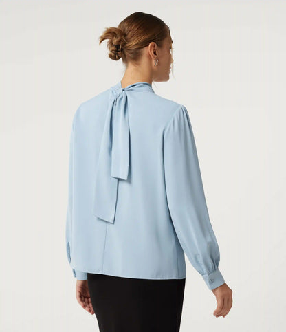 Mock Neck Tie Back Long Sleeve Work Blouse