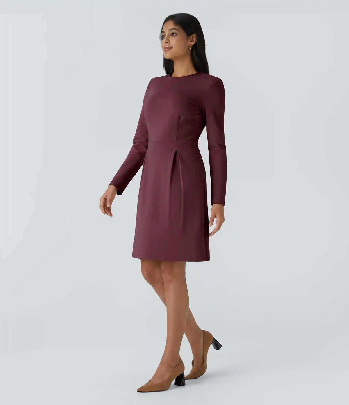 Round Neck Shoulder Pad Long Sleeve Hem Slim Mini Work Dress
