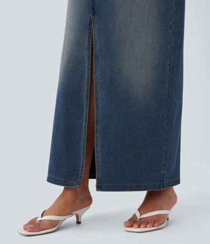 Halara Flex™ Mid Rise Pockets Straight Maxi Washed Denim Casual Skirt