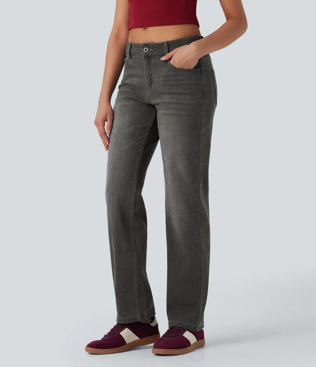 Halara Flex™ Low Rise Zipper Pockets Straight Leg Washed Casual Jeans