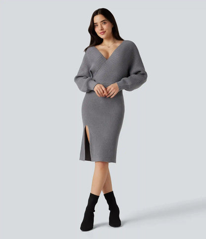 V-neck Batwing Long Sleeve Split Bodycon Midi Work Sweater Dress