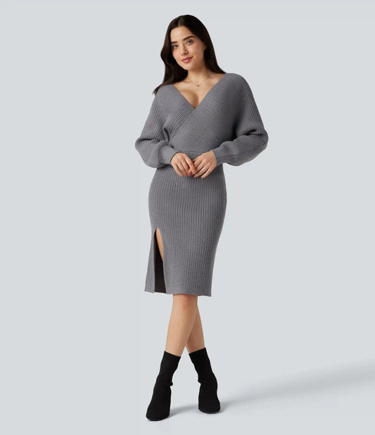 V-neck Batwing Long Sleeve Split Bodycon Midi Work Sweater Dress