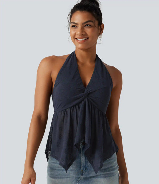 Halter Backless Ruffle Hem Built-in Bra Casual Lace Blouse