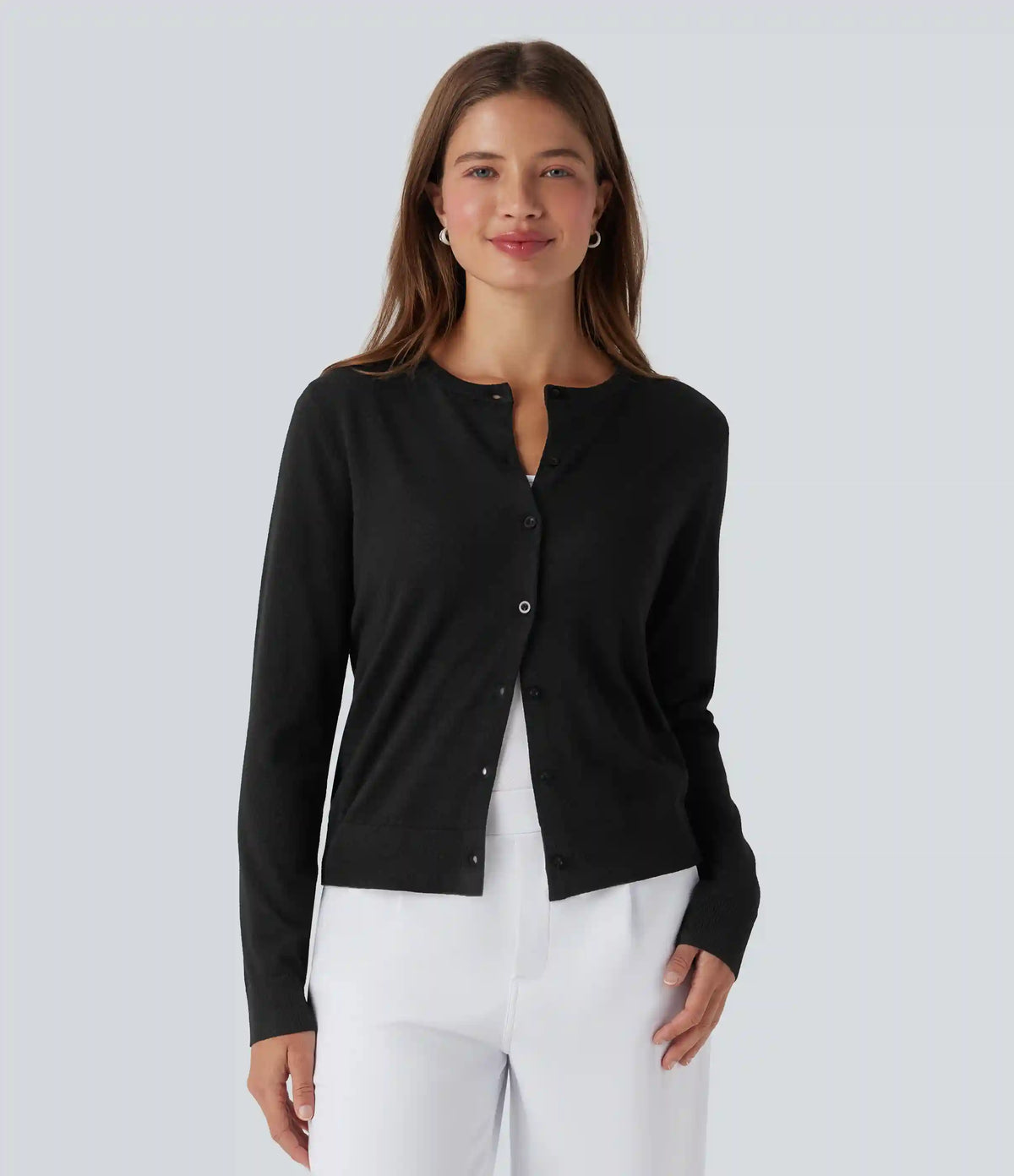 Round Neck Long Sleeve Work Wool-Blend Cardigan