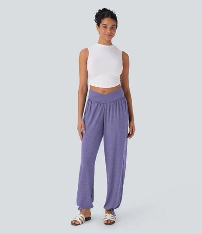 Crossover High Waisted Pocket Drawstring Casual Joggers