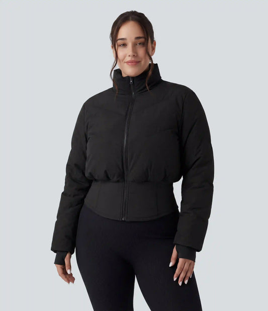 PuffFlex Plus Size 3-in-1 Stand Collar Casual Cropped Puffer Coat & Thumb Holes Curved Hem Jacket with Pockets