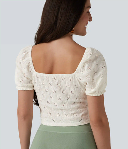 Square Neck Puff Short Sleeve Cropped Top