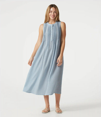 Round Neck Sleeveless Plaid Midi Casual Linen-Feel Dress with Pockets