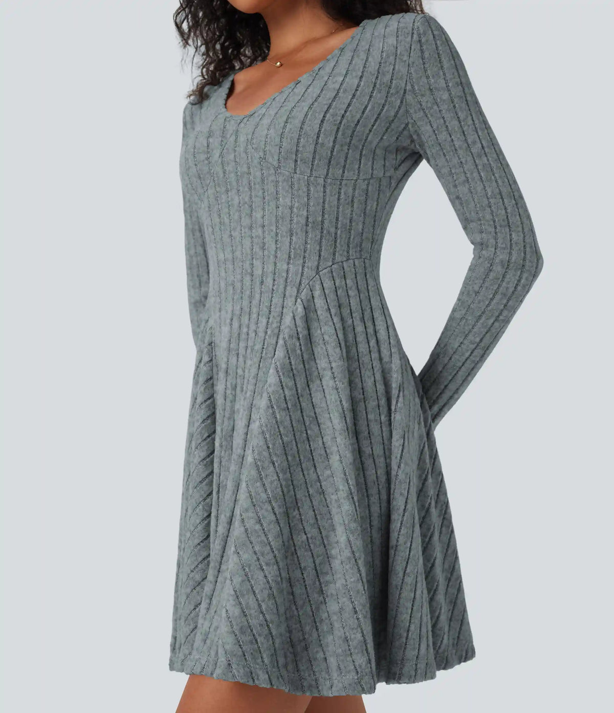 Ribbed Knit V Neck Long Sleeve Flare Mini Casual Dress