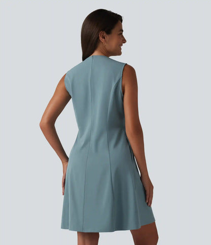 V-neck Sleeveless Pleated Invisible Zipper Mini A-line Stretchy Poplin Work Dress with Pockets