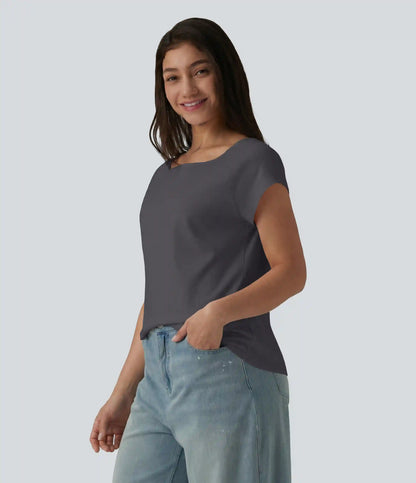 Boat Neck Short Sleeve Casual Pima Cotton T-Shirt