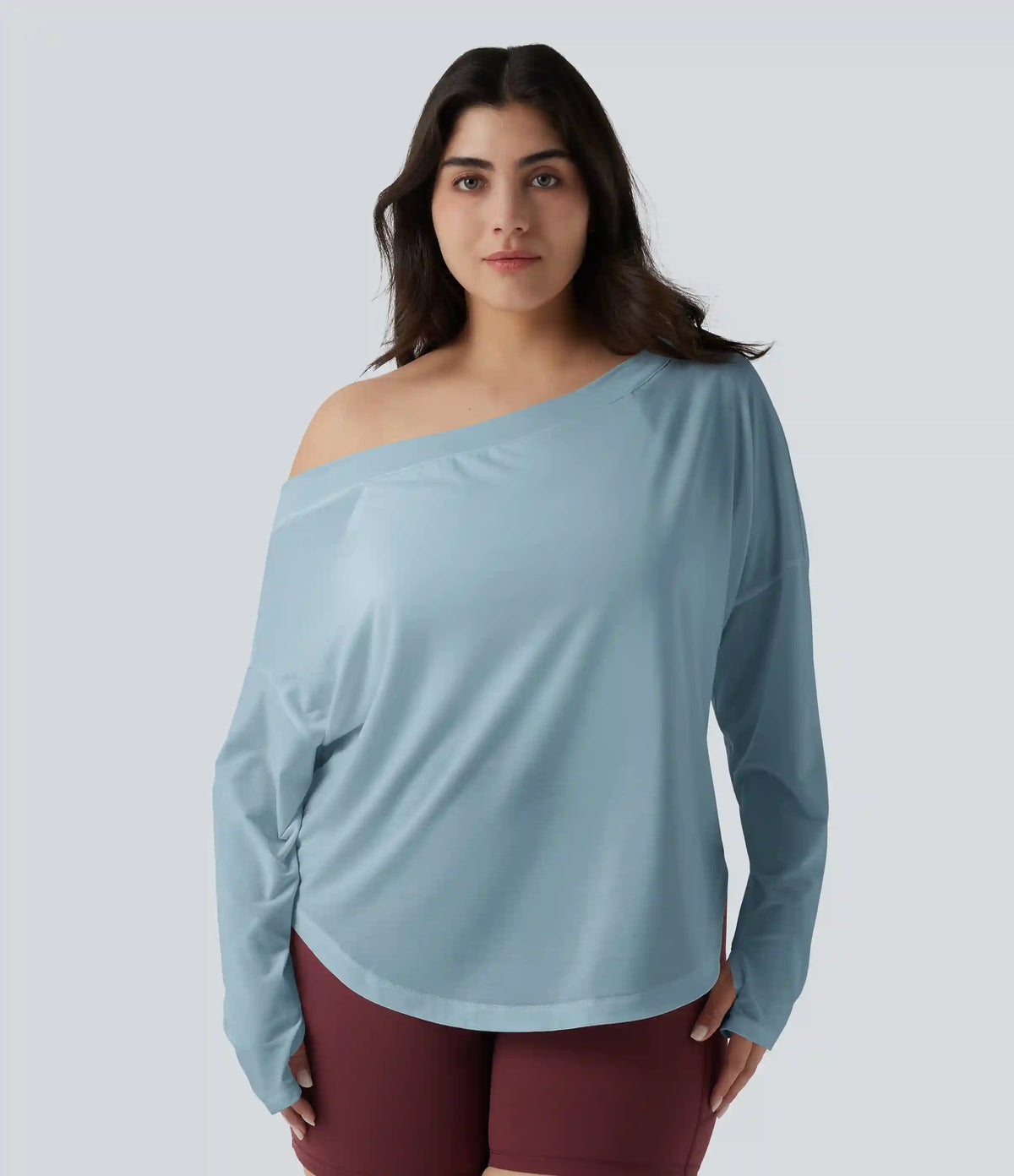 One Shoulder Long Sleeve Thumb Hole Curved Hem High Low Quick Dry Yoga Plus Size Sports Top-Built-in Bra