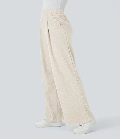 Ribbed High Waisted Pocket Wide Leg Casual Pants