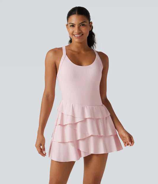 SoftlyZero™ Airy Built-in Bra Layered Ruffle Hem 2-in-1 InstantCool Mini Tennis Active Dress with Pockets-Easy Peezy Edition